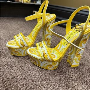 Dolce & Gabbana Yellow and White Patterned Platform Sandal